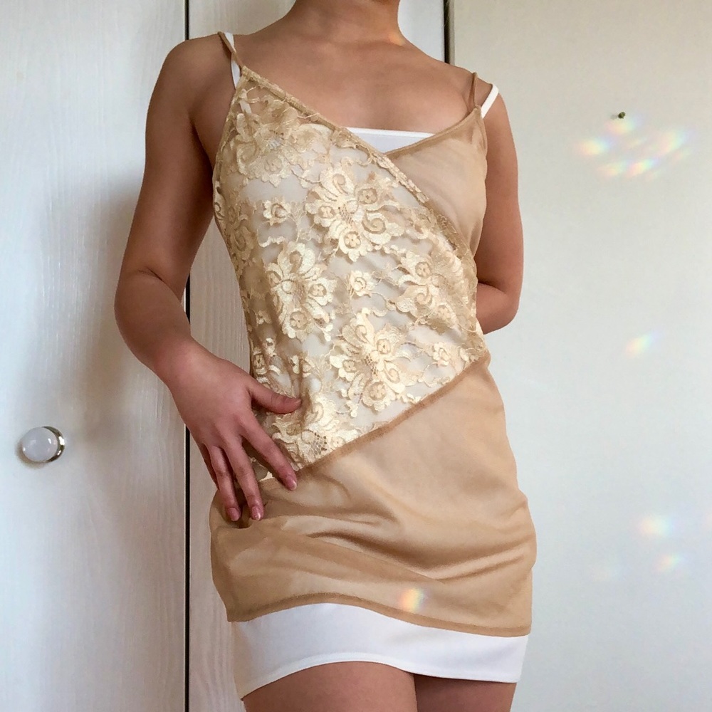 Vintage Y2K 00s Victoria’s Secret Metallic Sparkle Gold Mesh Lace Slip Dress
